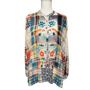 JOHNNY WAS WOMENS LONG SLEEVE COLORFUL OVERSIZED BLOUSE SIZE XS
